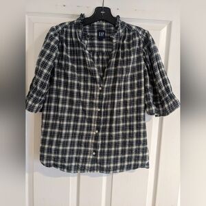 GAP Women's Black and White Plaid Button Down Shirt Ruffle Neck Cropped